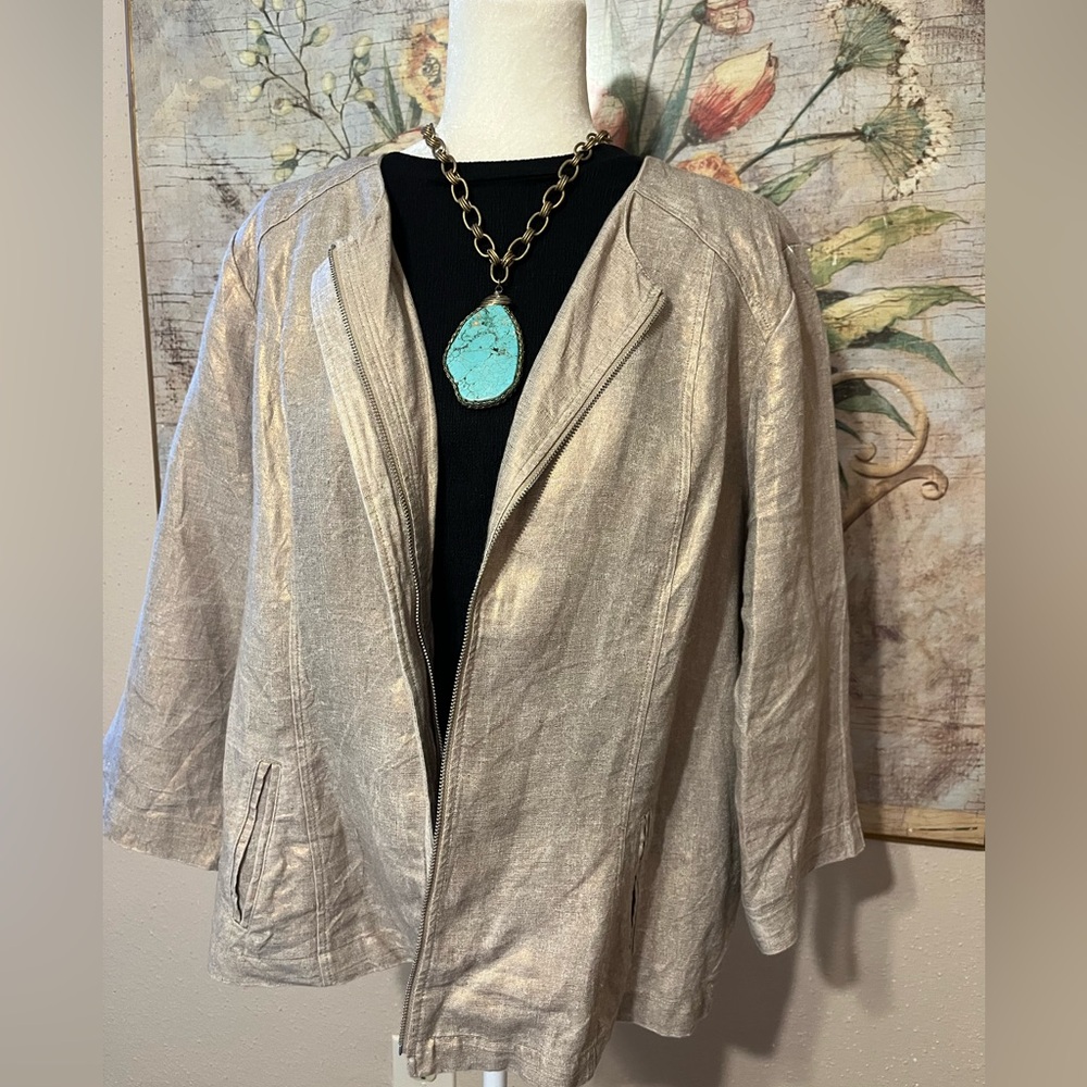 Sz 3 or XL Chico’s Modern Gold Metallic Linen Jacket 3/4 Sleeve